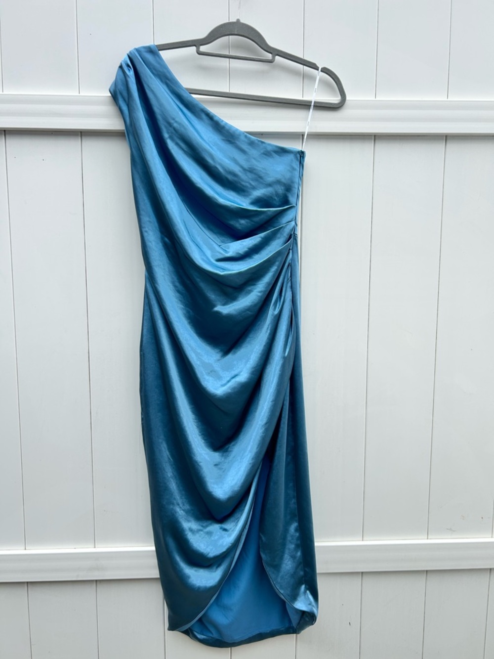 Elliatt One-Shoulder Draped Satin Dress - Denim Blue | Size Medium *minor pulls*